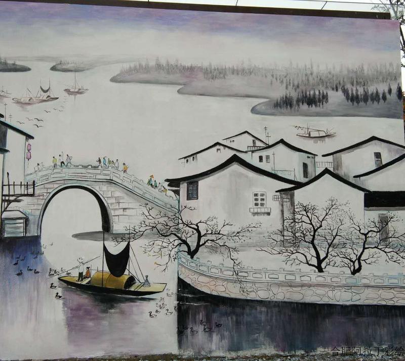 合肥工装彩绘|合肥阿拉丁彩绘案例|工装快餐厅装饰画|黑白国画插画彩绘|国画插画